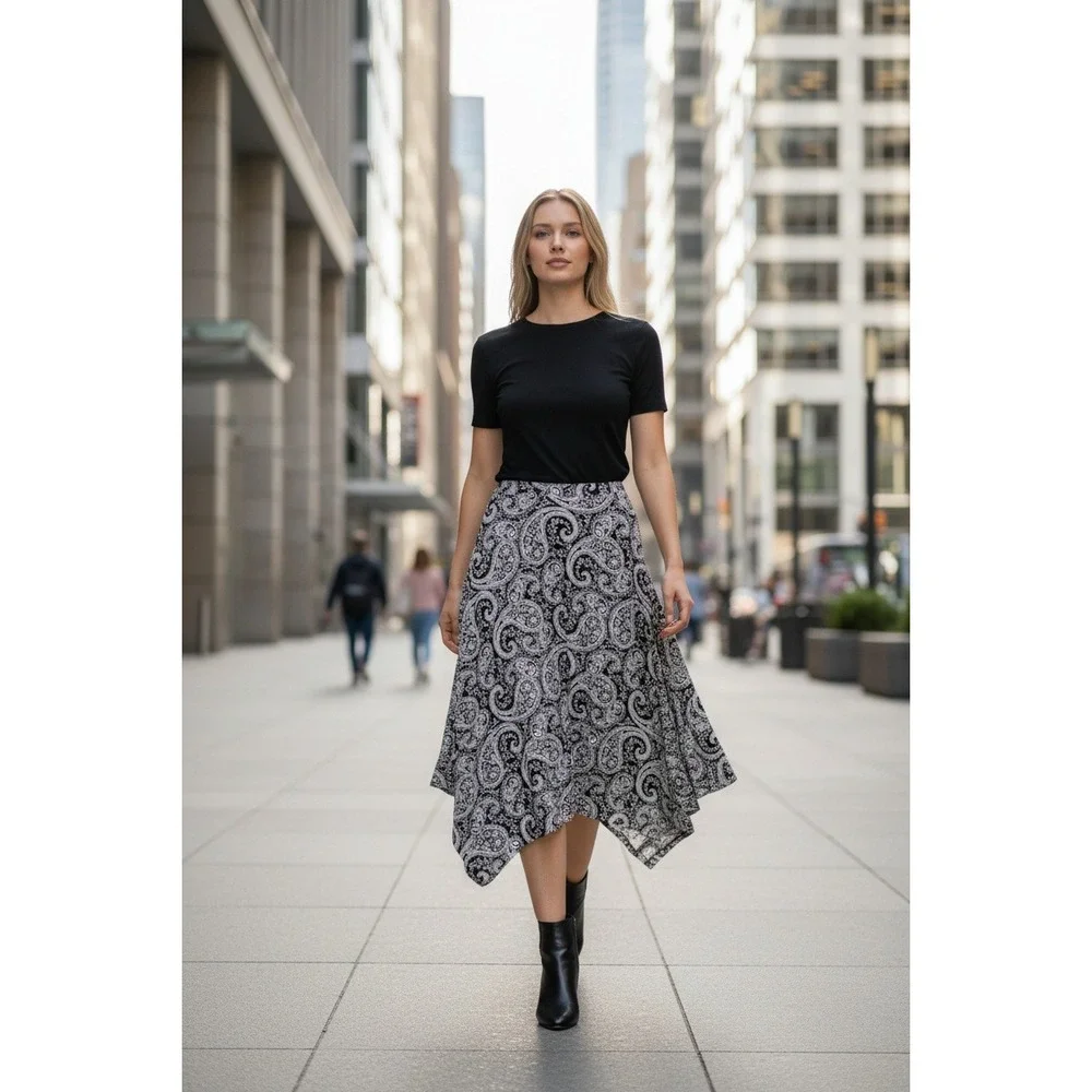 Chicos Black‎ White Paisley Print Asymmetrical Hem Midi Skirt Size 2 (12)